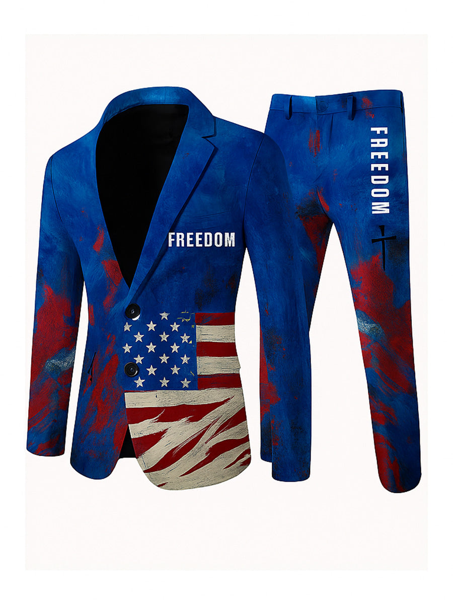 Men's Freedom American Flag Print Casual Jacket Trousers Two-Piece Suits